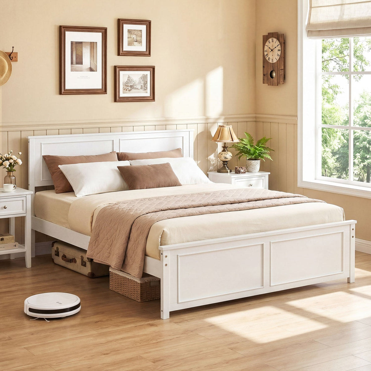 Twin size platform bed frame with headboard, white wood finish; two white nightstands on Tampa Home & Garden Store