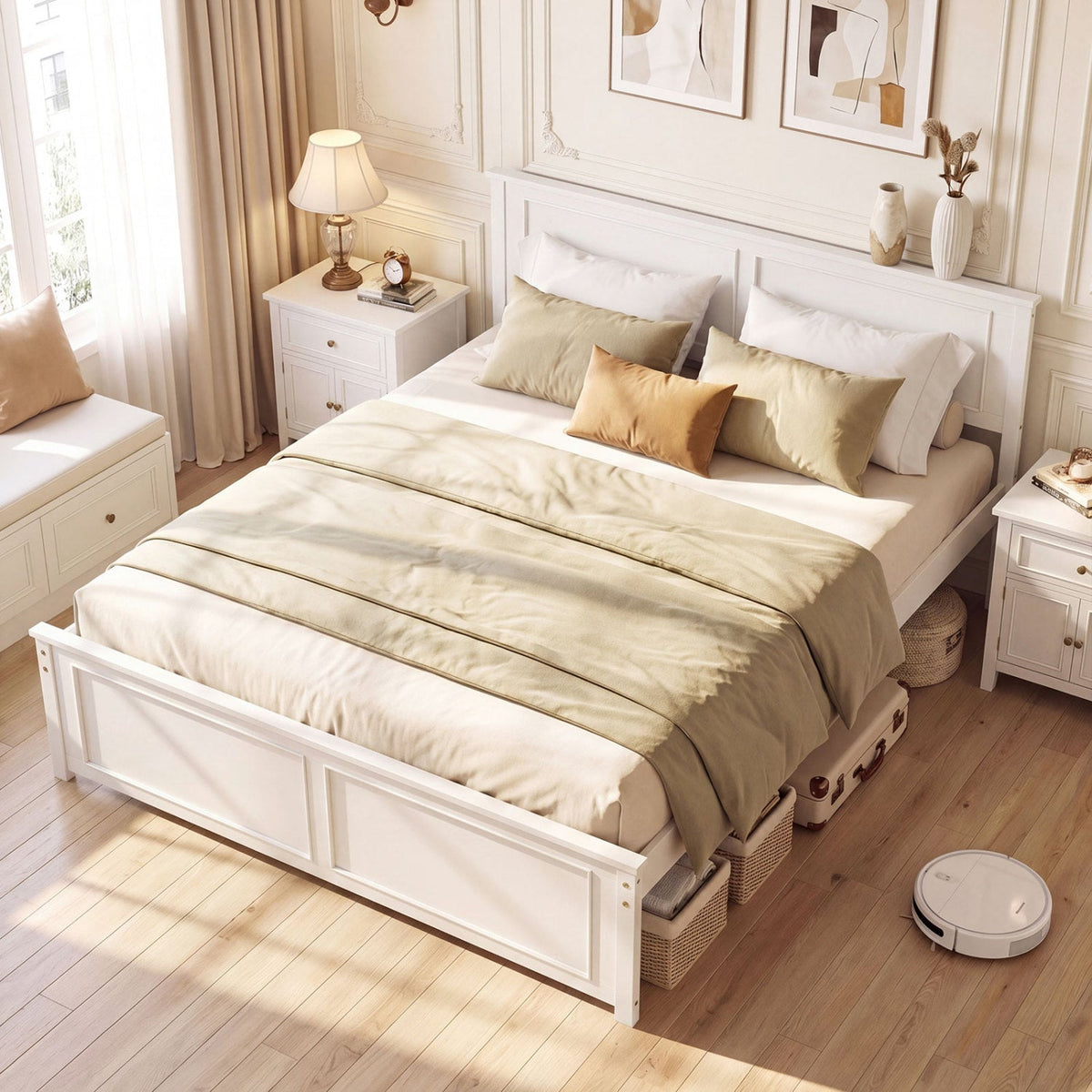 Twin size white platform bed frame with headboard, DirectDeals, tan bedding and two nightstands on Tampa Home & Garden Store