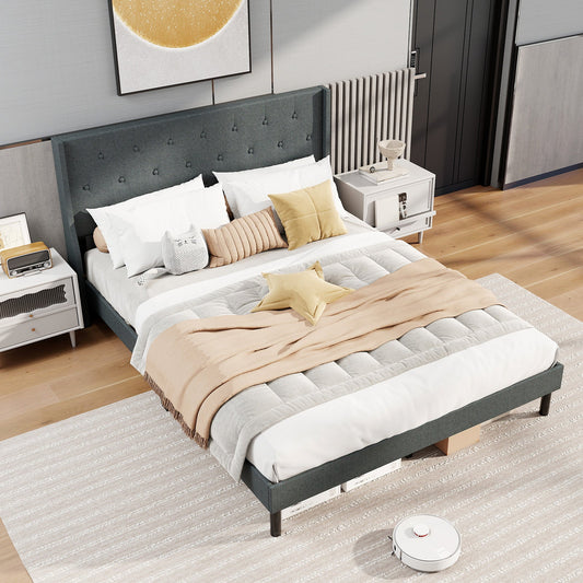 Queen Size Upholstered Bed Frame with Button Tufted Wingback Headboard and Wooden Slats Support Mattress Foundation-Gray - Tampa Home & Garden Store