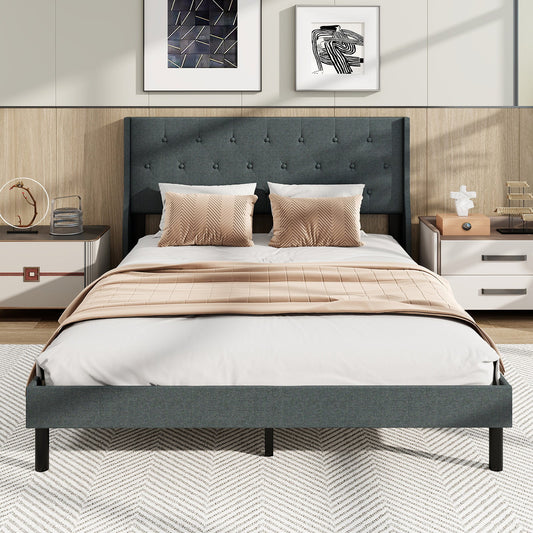 Queen Size Upholstered Bed Frame with Button Tufted Wingback Headboard and Wooden Slats Support Mattress Foundation-Gray - Tampa Home & Garden Store