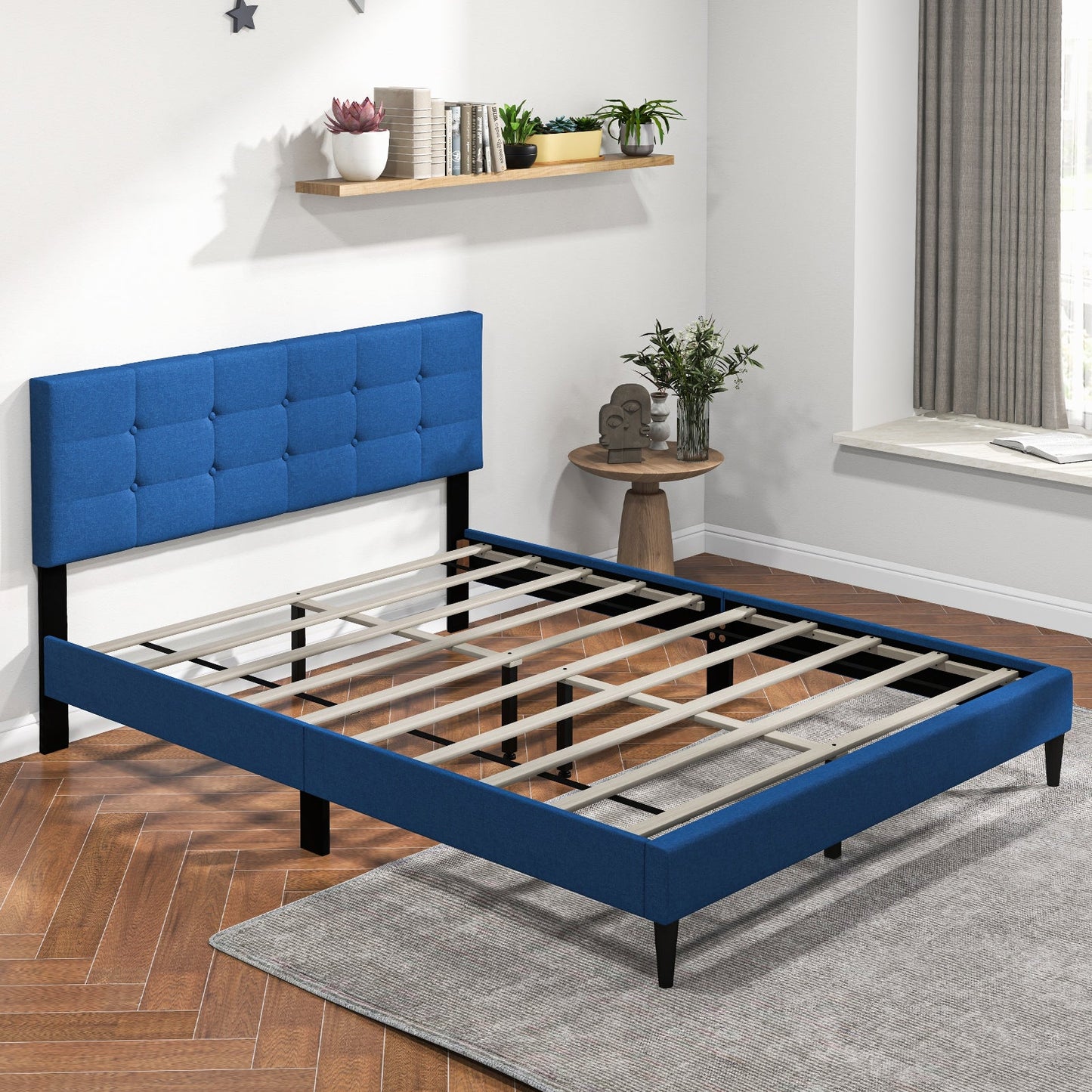 Cama de plataforma tapizada tamaño Queen con cabecero capitoné - Azul