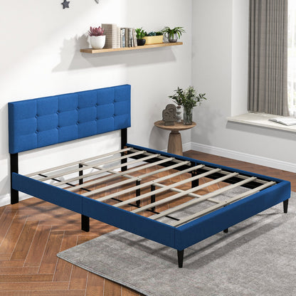 Cama de plataforma tapizada tamaño Queen con cabecero capitoné - Azul