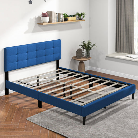Queen Size Upholstered Platform Bed with Button Tufted Headboard-Blue - Tampa Home & Garden Store