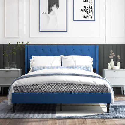 Cama Plataforma Tapizada Queen Size con Cabecero de Ala Abotonado-Azul