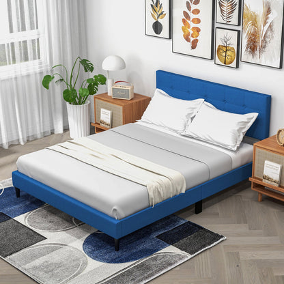 Cama de plataforma tapizada tamaño Queen con cabecero capitoné - Azul
