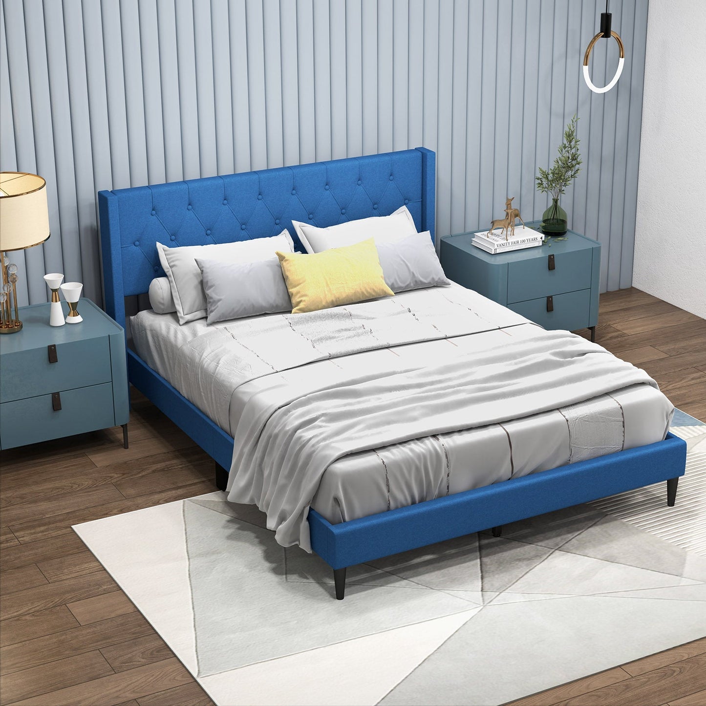 Cama Plataforma Tapizada Queen Size con Cabecero de Ala Abotonado-Azul
