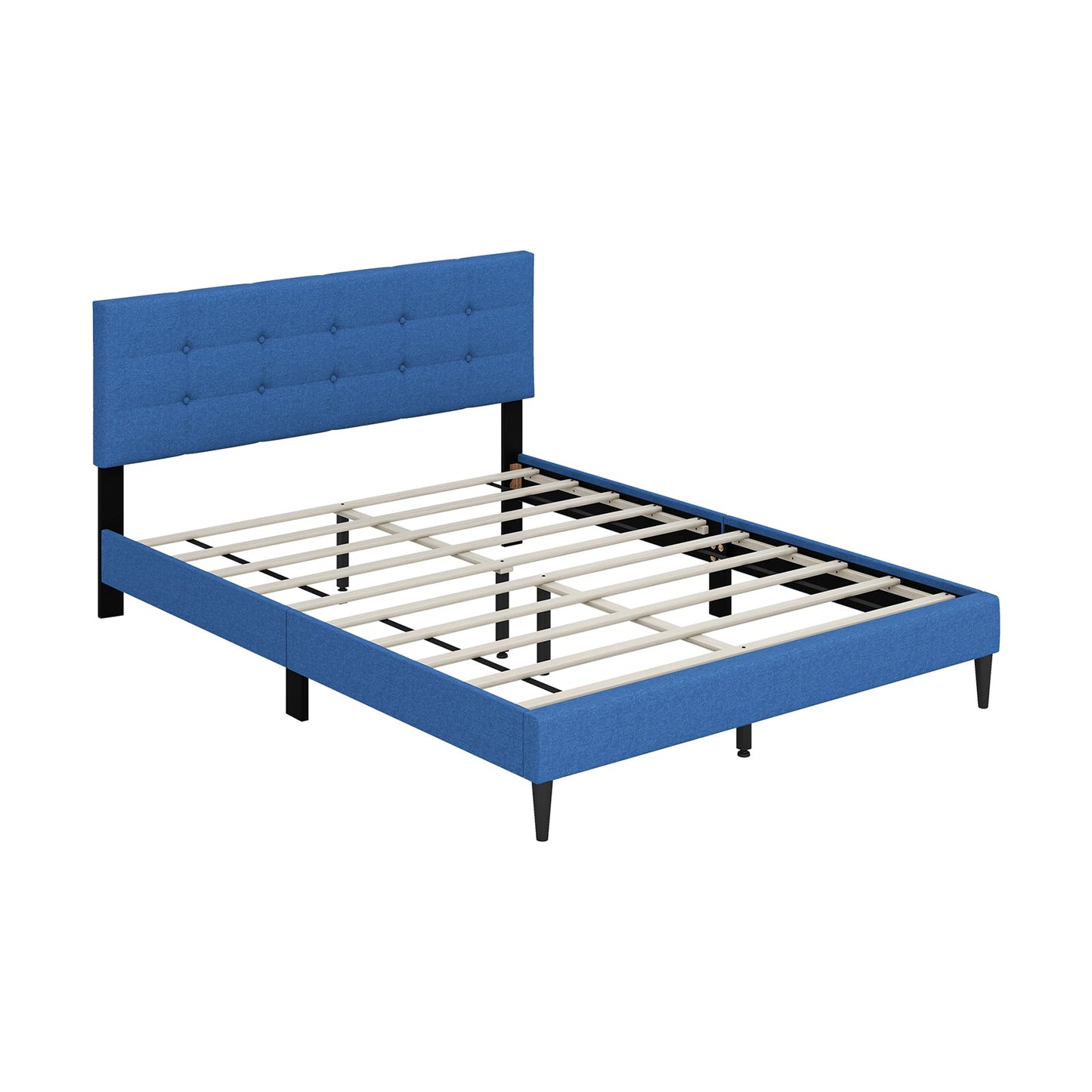 Cama de plataforma tapizada tamaño Queen con cabecero capitoné - Azul