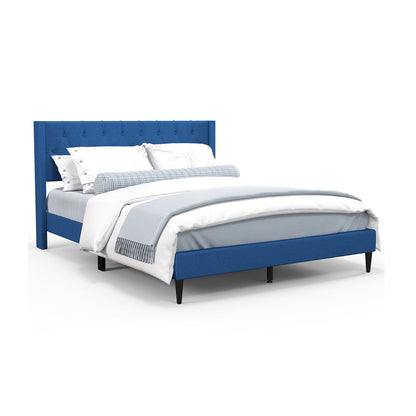 Cama Plataforma Tapizada Queen Size con Cabecero de Ala Abotonado-Azul