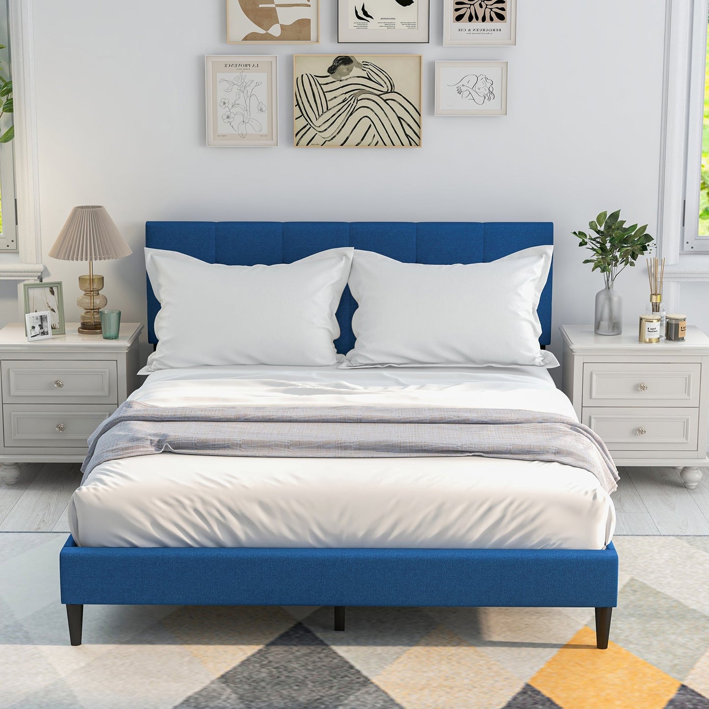 Cama de plataforma tapizada tamaño Queen con cabecero capitoné - Azul