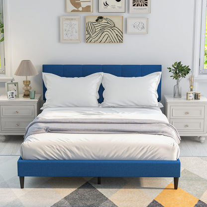 Cama de plataforma tapizada tamaño Queen con cabecero capitoné - Azul