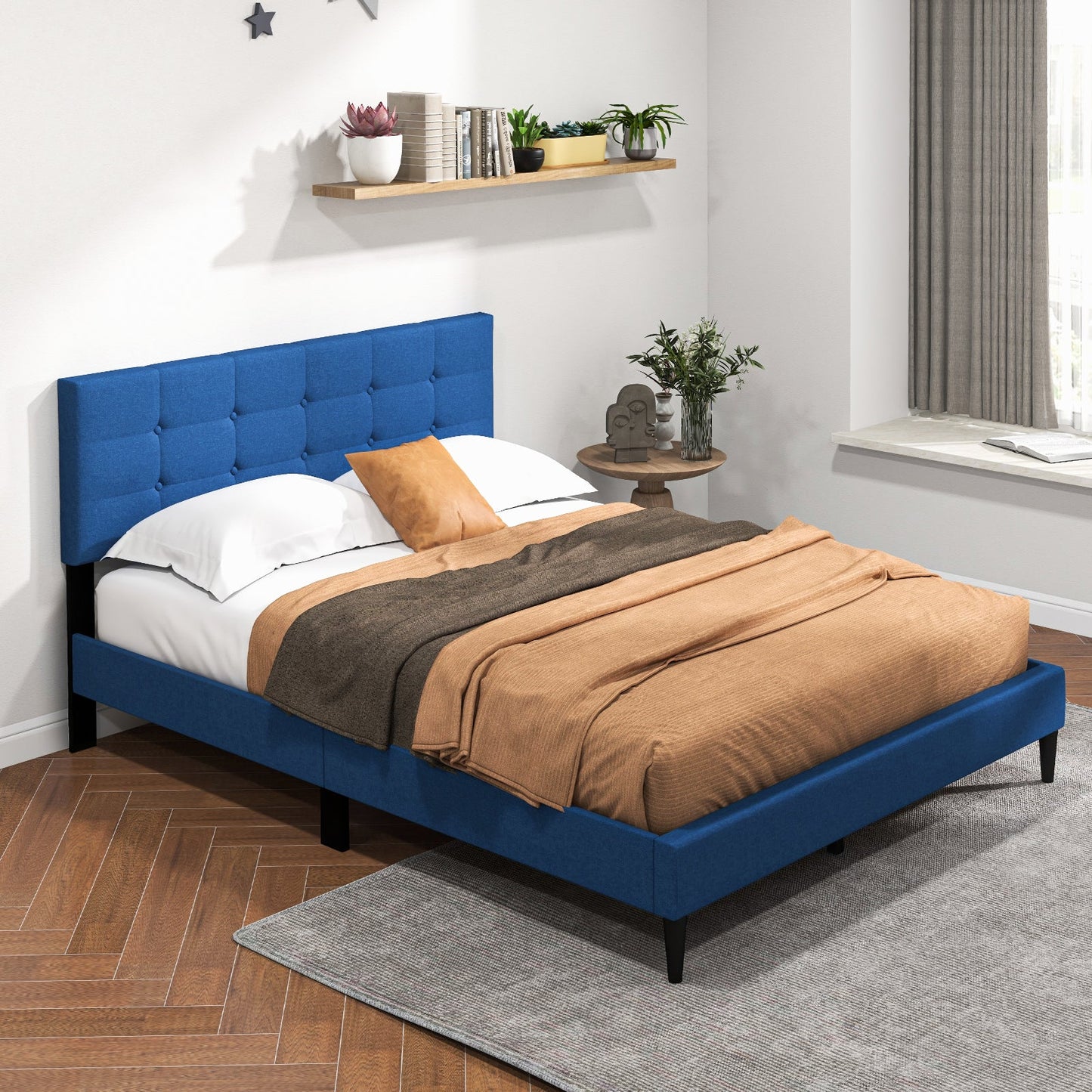 Cama de plataforma tapizada tamaño Queen con cabecero capitoné - Azul
