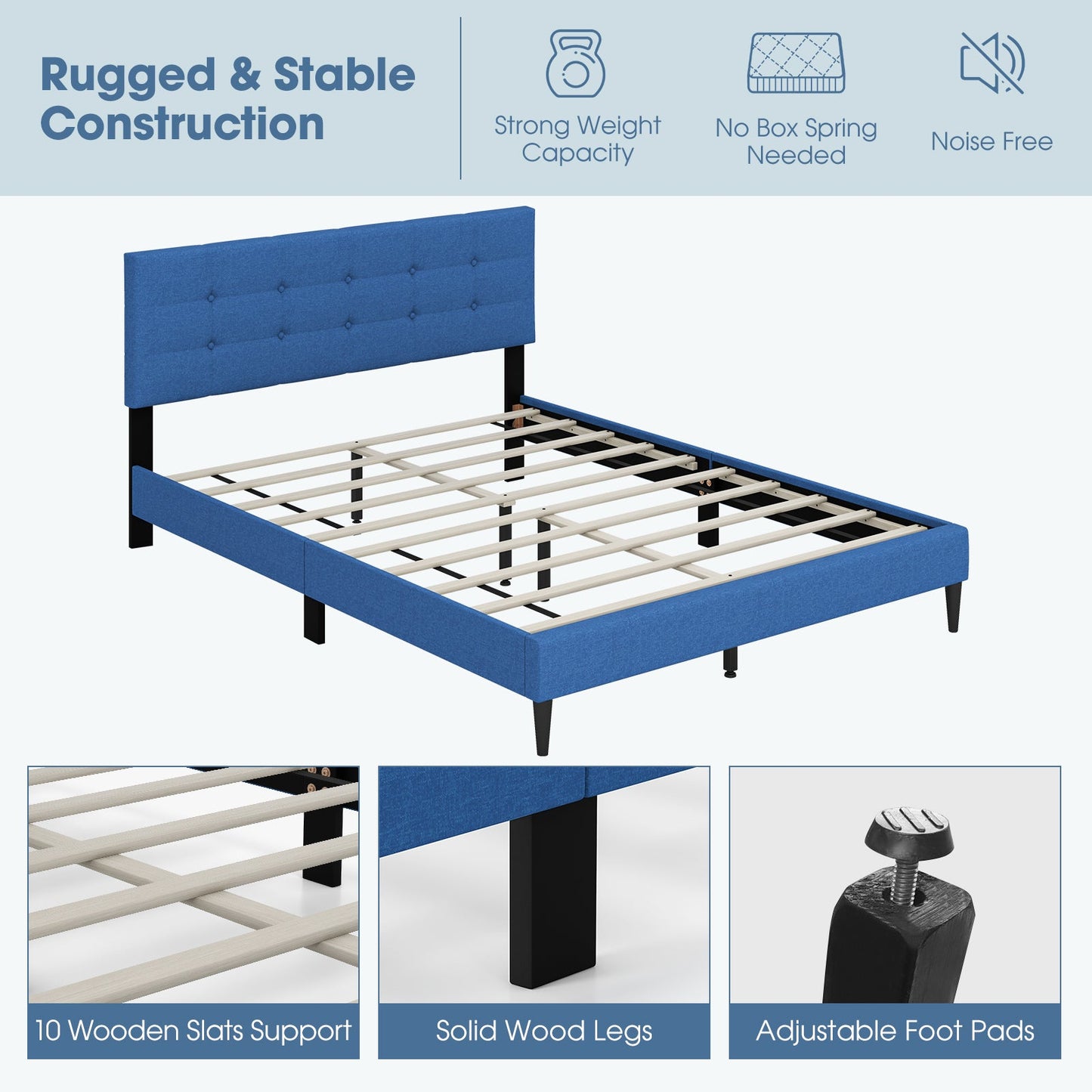 Cama de plataforma tapizada tamaño Queen con cabecero capitoné - Azul