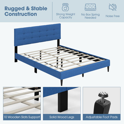 Cama de plataforma tapizada tamaño Queen con cabecero capitoné - Azul