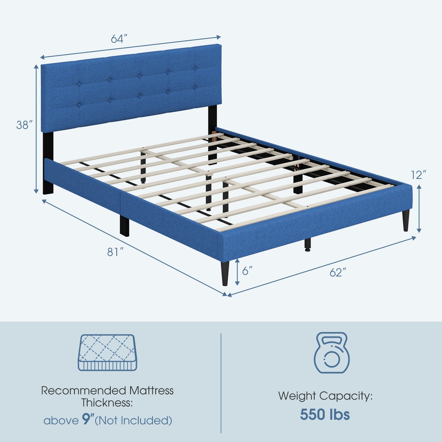 Cama de plataforma tapizada tamaño Queen con cabecero capitoné - Azul