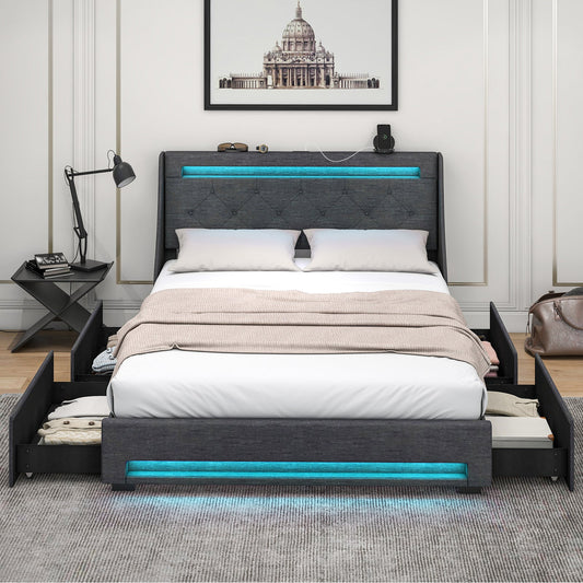 Queen Size Upholstered Platform Bed Frame with LED Lights and Charging Station-Grey - Tampa Home & Garden Store