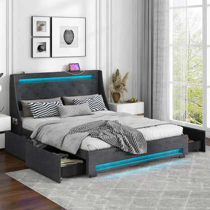 Estructura de cama tapizada Queen Size con luces LED y estación de carga - Gris
