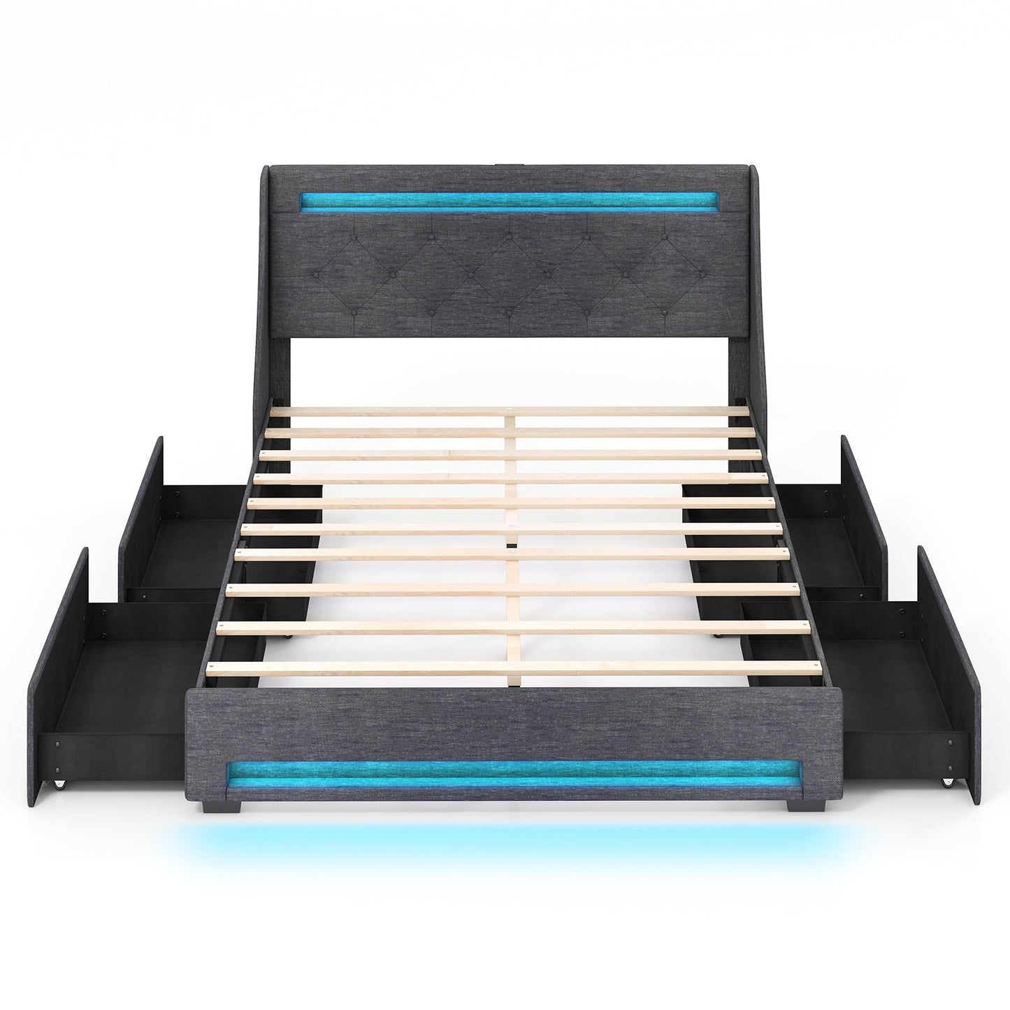 Estructura de cama tapizada Queen Size con luces LED y estación de carga - Gris