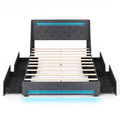 Estructura de cama tapizada Queen Size con luces LED y estación de carga - Gris