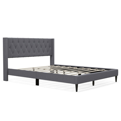 Cama Plataforma Tapizada Queen Size con Cabecero de Ala Abotonado-Azul