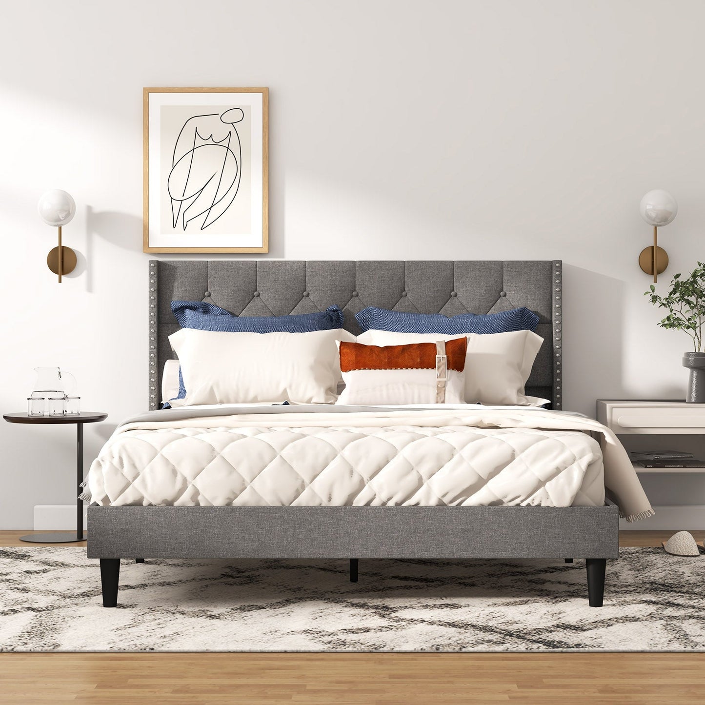 Full/Queen Size Upholstered Platform Bed with Button Tufted Headboard-Queen Size