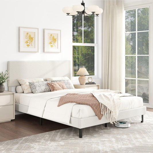 Twin/Full/Queen Size Velvet Bed Frame Upholstered Platform Bed with Chevron Headboard Beige - Tampa Home & Garden Store