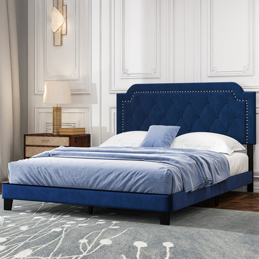 Queen Size Velvet Platform Bed with Button Tufted and Nailhead Trim Headboard-Queen Size - Tampa Home & Garden Store