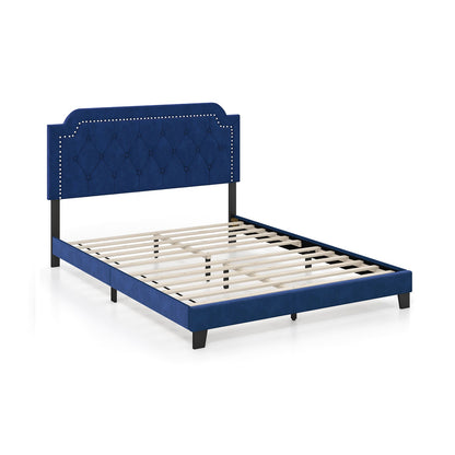 Cama Queen Size Tapizada en Terciopelo con Cabecero Capitoné y Tachuelas-Queen Size