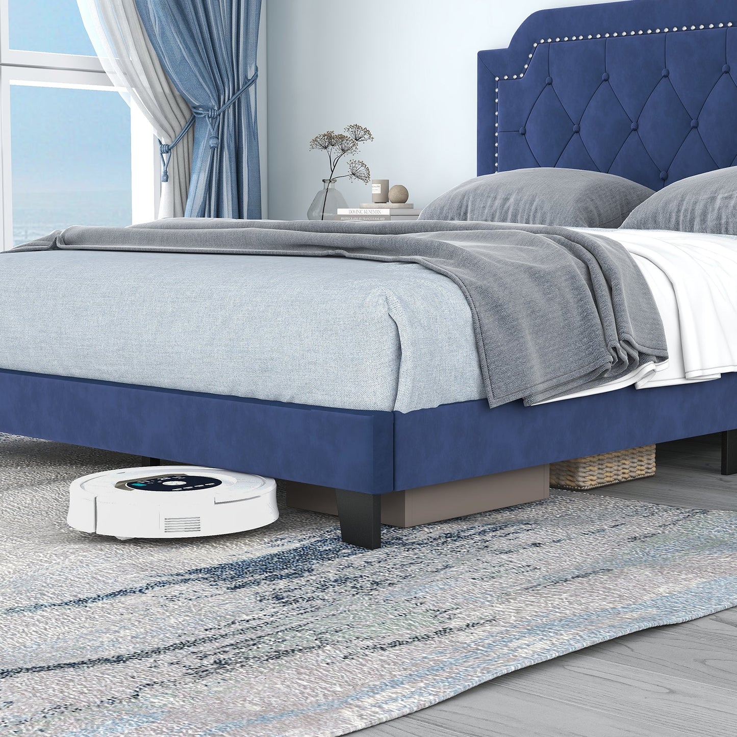 Cama Queen Size Tapizada en Terciopelo con Cabecero Capitoné y Tachuelas-Queen Size