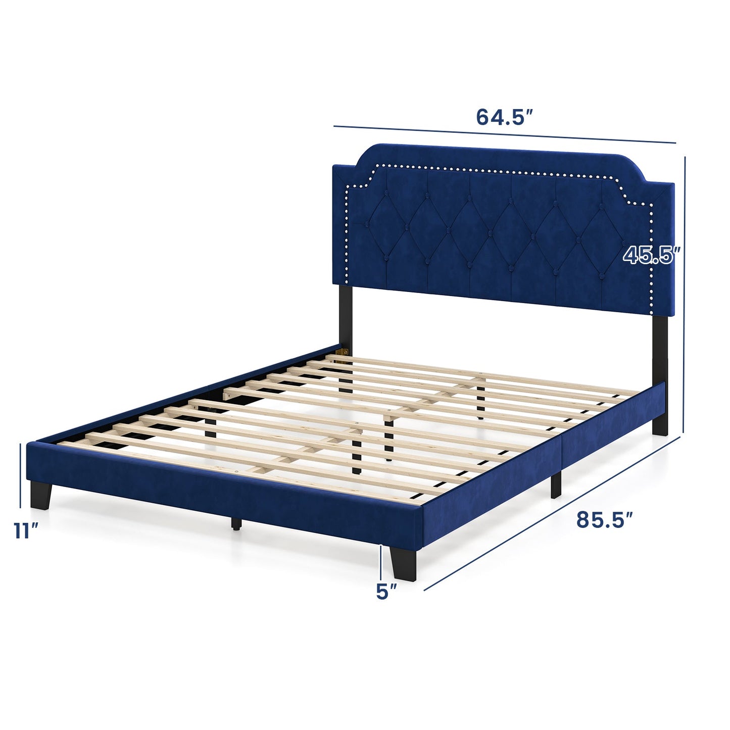 Cama Queen Size Tapizada en Terciopelo con Cabecero Capitoné y Tachuelas-Queen Size