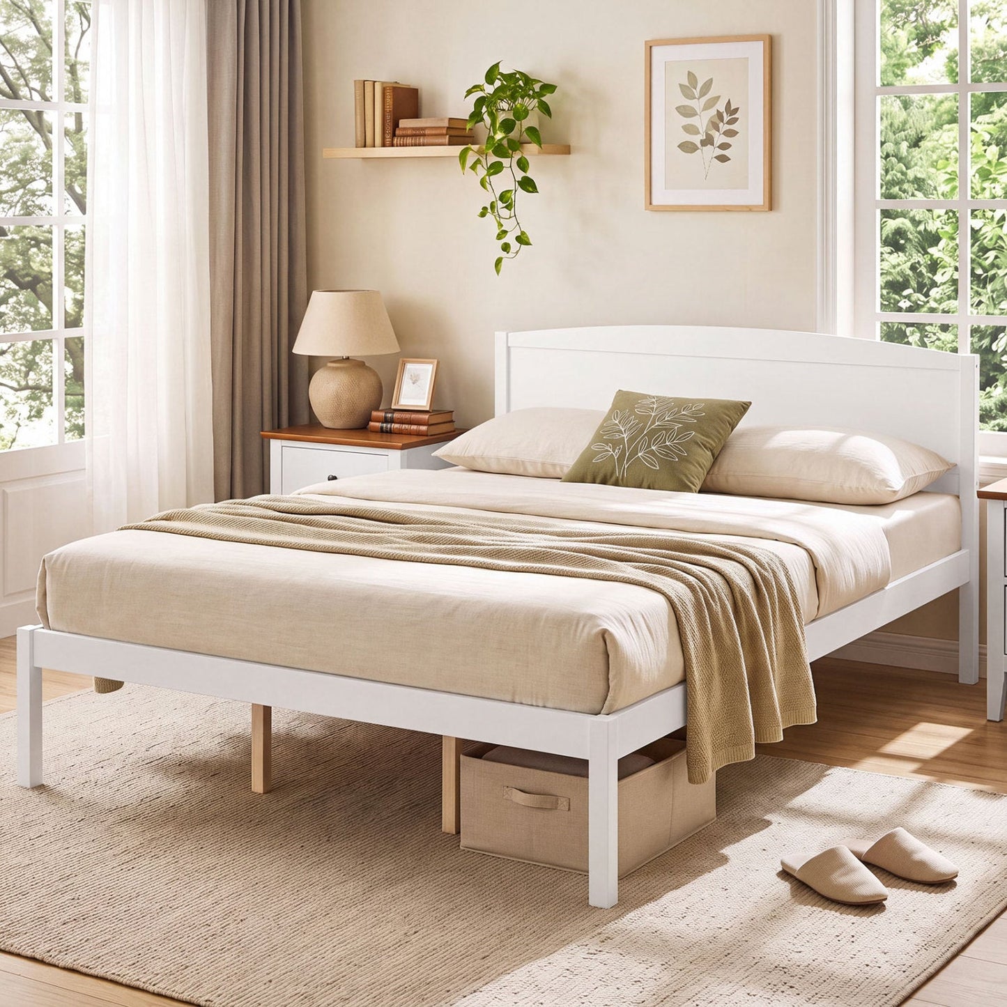 Queen platform bed frame with curved headboard in white finish, wooden legs on Tampa Home & Garden Store