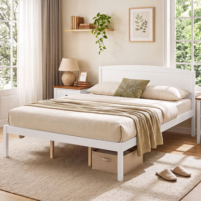 Queen platform bed frame with curved headboard in white finish, wooden legs on Tampa Home & Garden Store