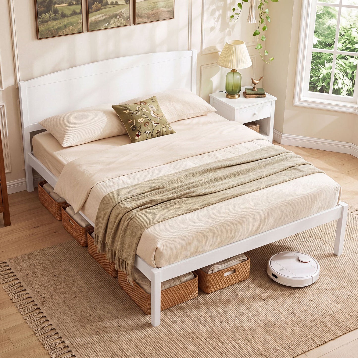 Queen platform bed frame with curved headboard in walnut finish beneath beige bedding on Tampa Home & Garden Store