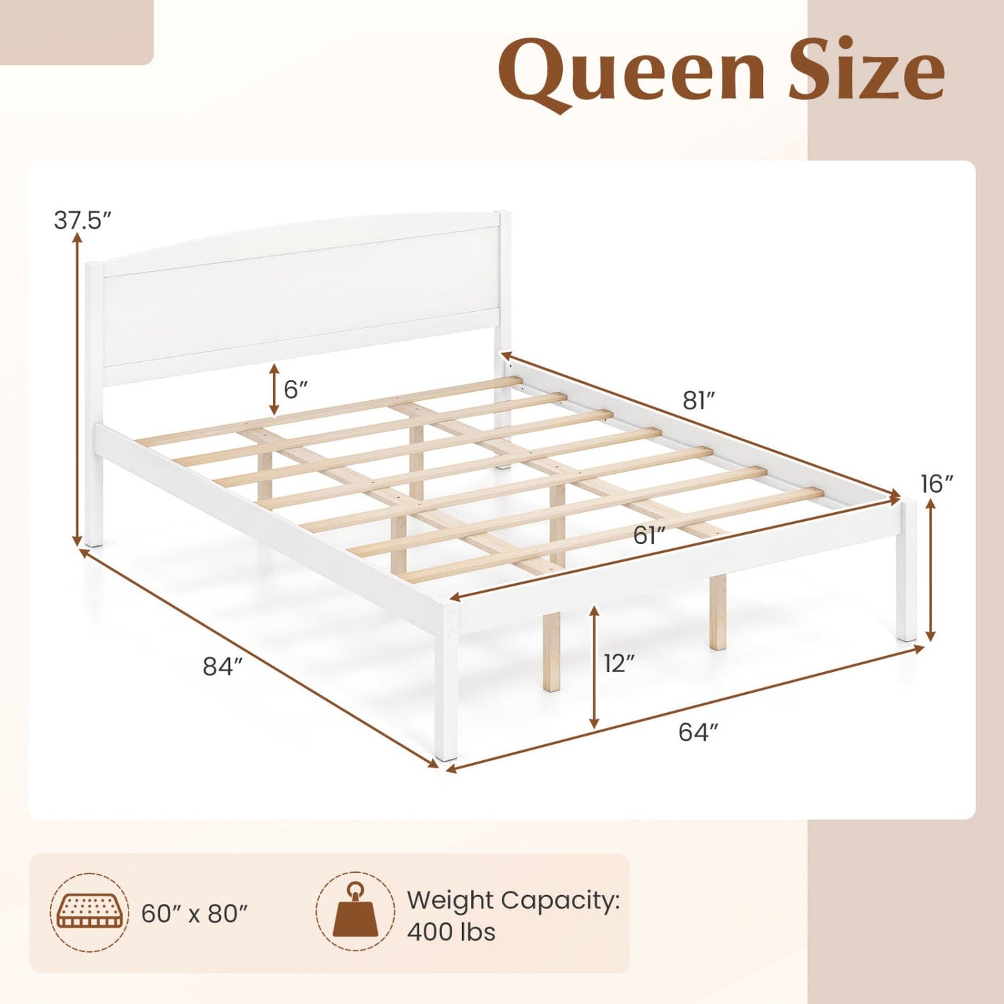 Queen Platform Bed Frame with Curved Headboard Walnut, white frame and wooden slats DirectDeals on Tampa Home & Garden Store