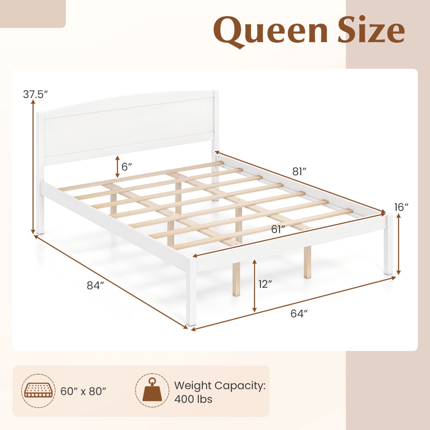 Queen Platform Bed Frame with Curved Headboard Walnut, white frame and wooden slats DirectDeals on Tampa Home & Garden Store