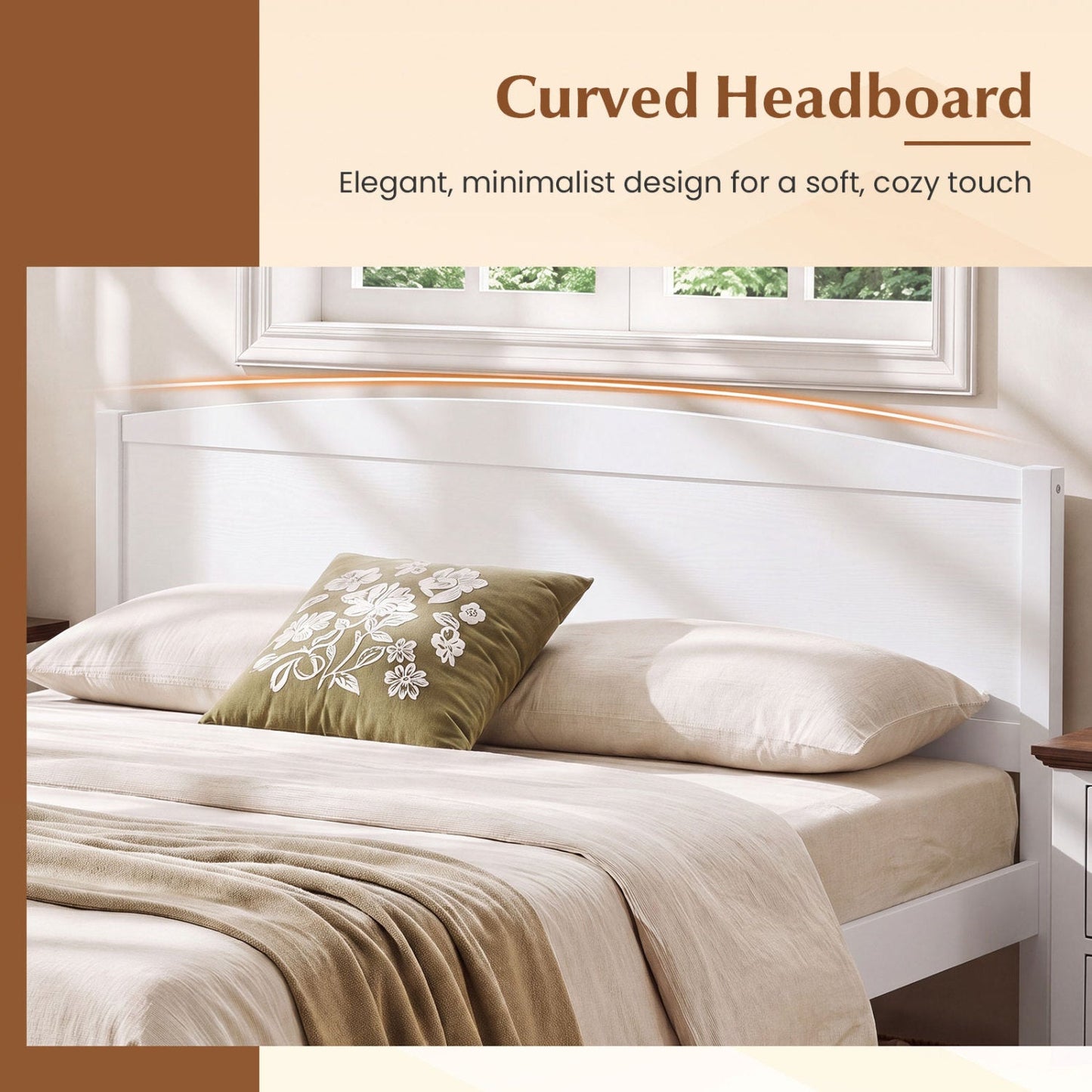 Queen platform bed frame with white headboard, beige bedding and floral pillow on Tampa Home & Garden Store