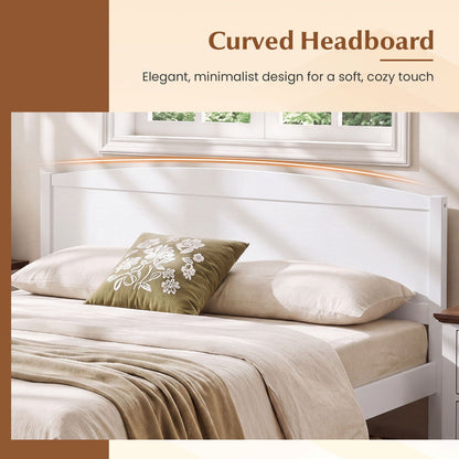 Queen platform bed frame with white headboard, beige bedding and floral pillow on Tampa Home & Garden Store
