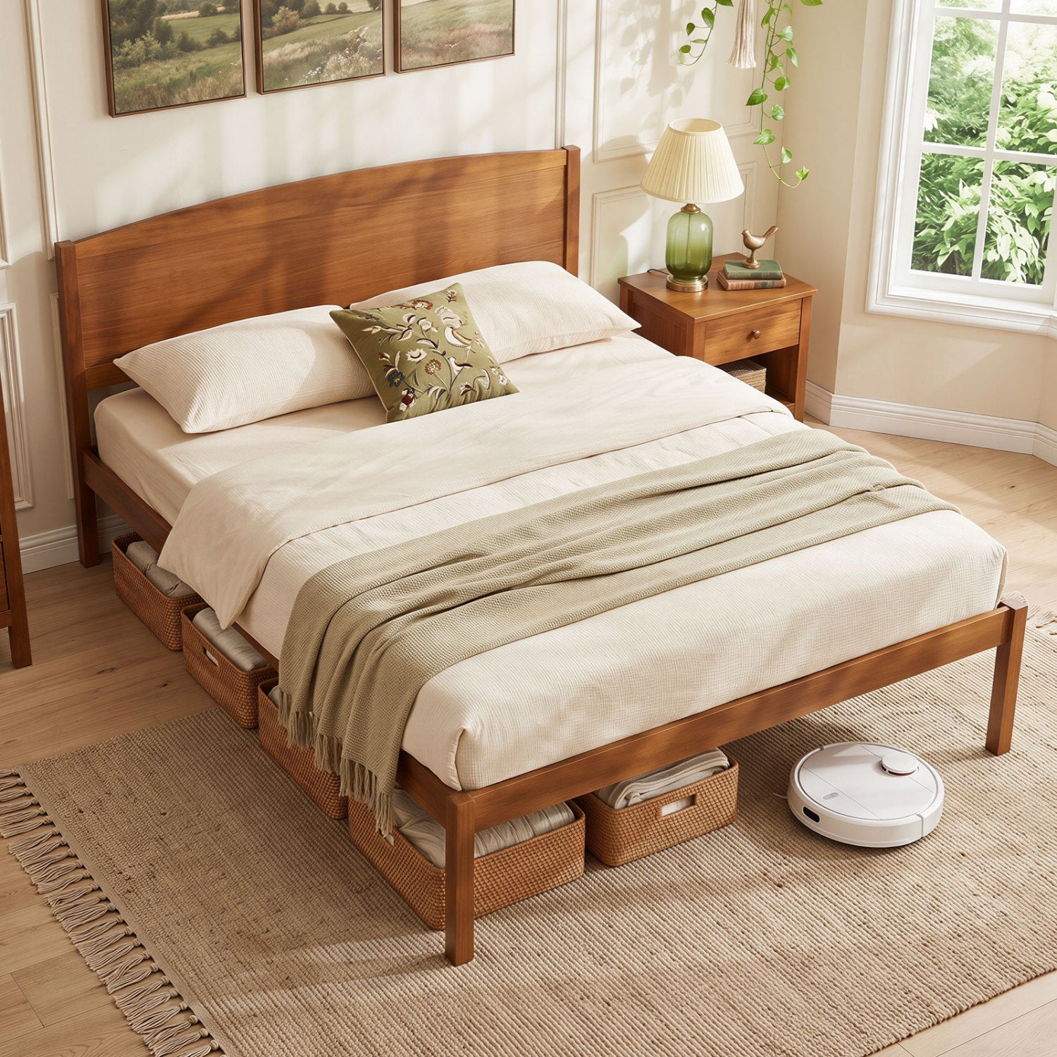 Queen platform bed frame with curved walnut headboard, DirectDeals bed with under-bed baskets on Tampa Home & Garden Store