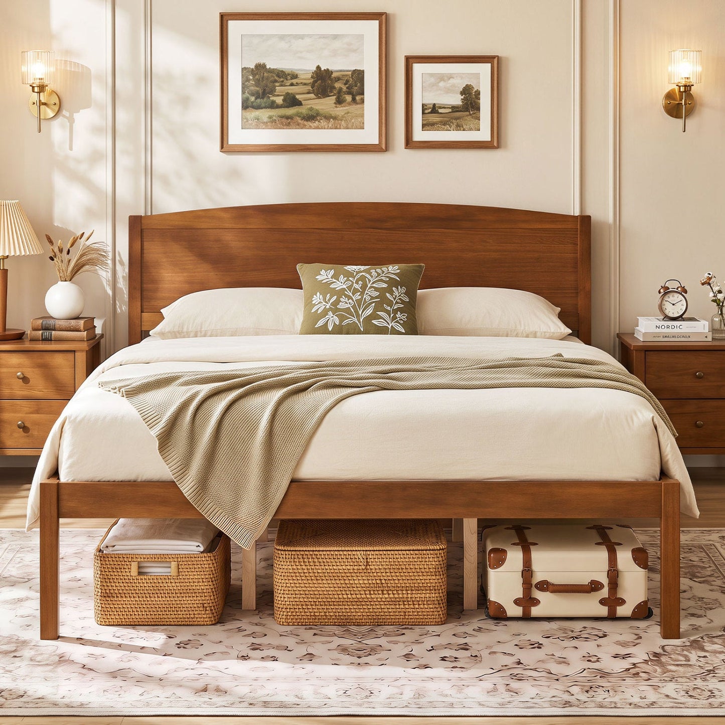 Queen platform bed frame with curved walnut headboard and two matching nightstands on Tampa Home & Garden Store