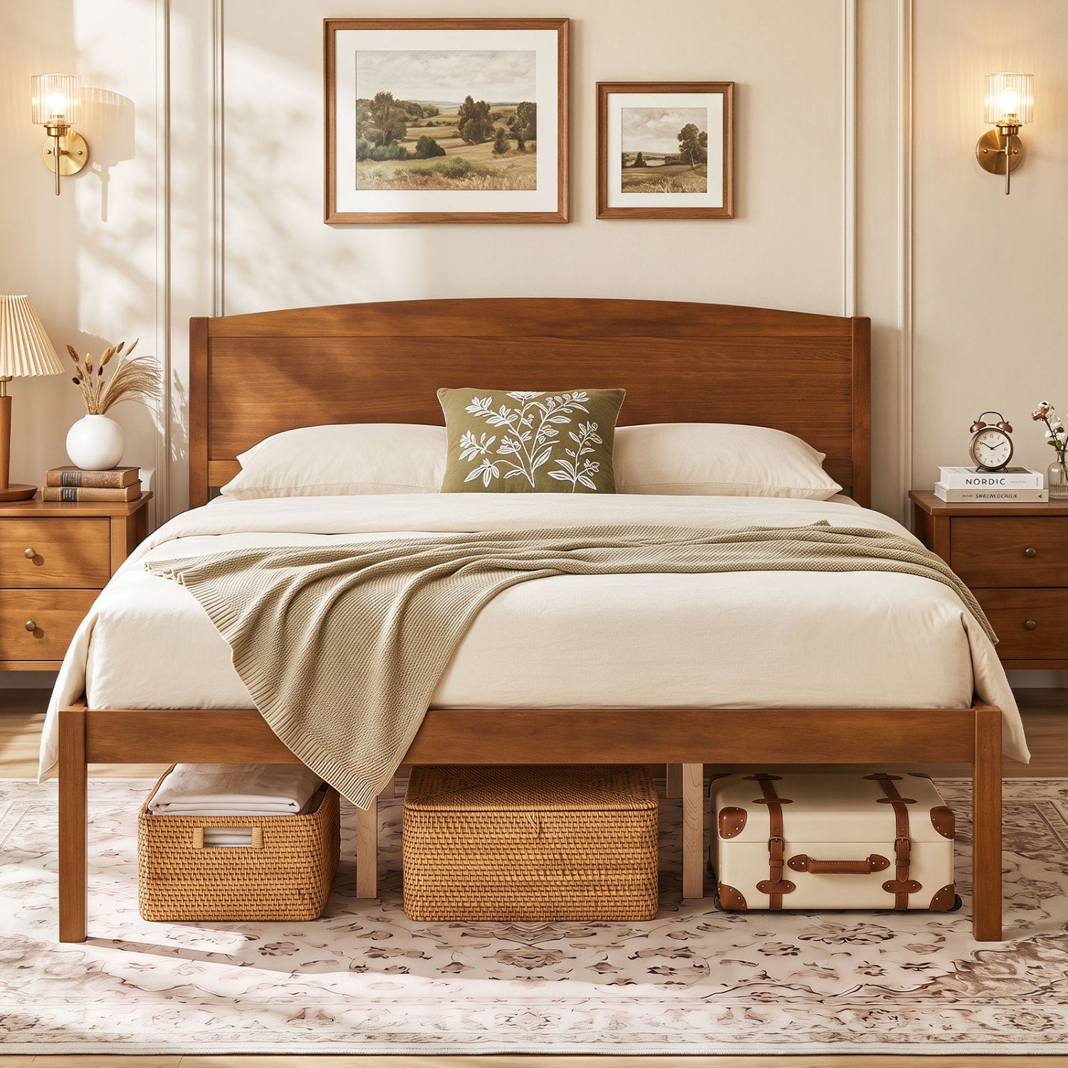 Queen platform bed frame with curved walnut headboard and two matching nightstands on Tampa Home & Garden Store
