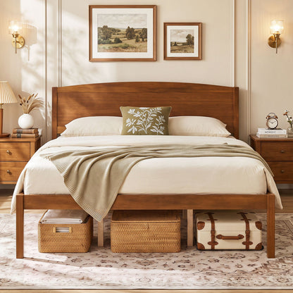 Queen platform bed frame with curved walnut headboard and two matching nightstands on Tampa Home & Garden Store