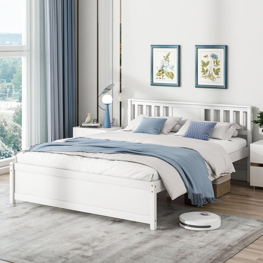 Wooden Platform Bed with Headboard and Wood Slat Support White-Queen Size - Tampa Home & Garden Store