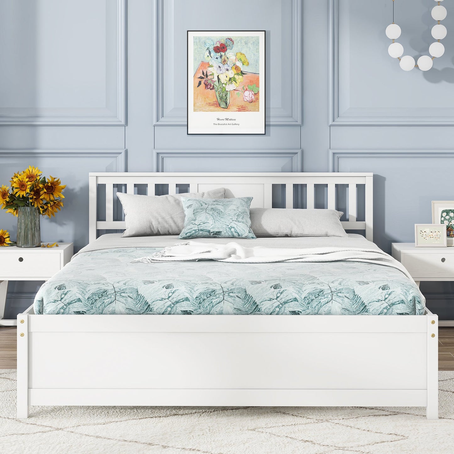 Cama de plataforma de madera con cabecero y soporte de listones de madera blanco - Tamaño Queen