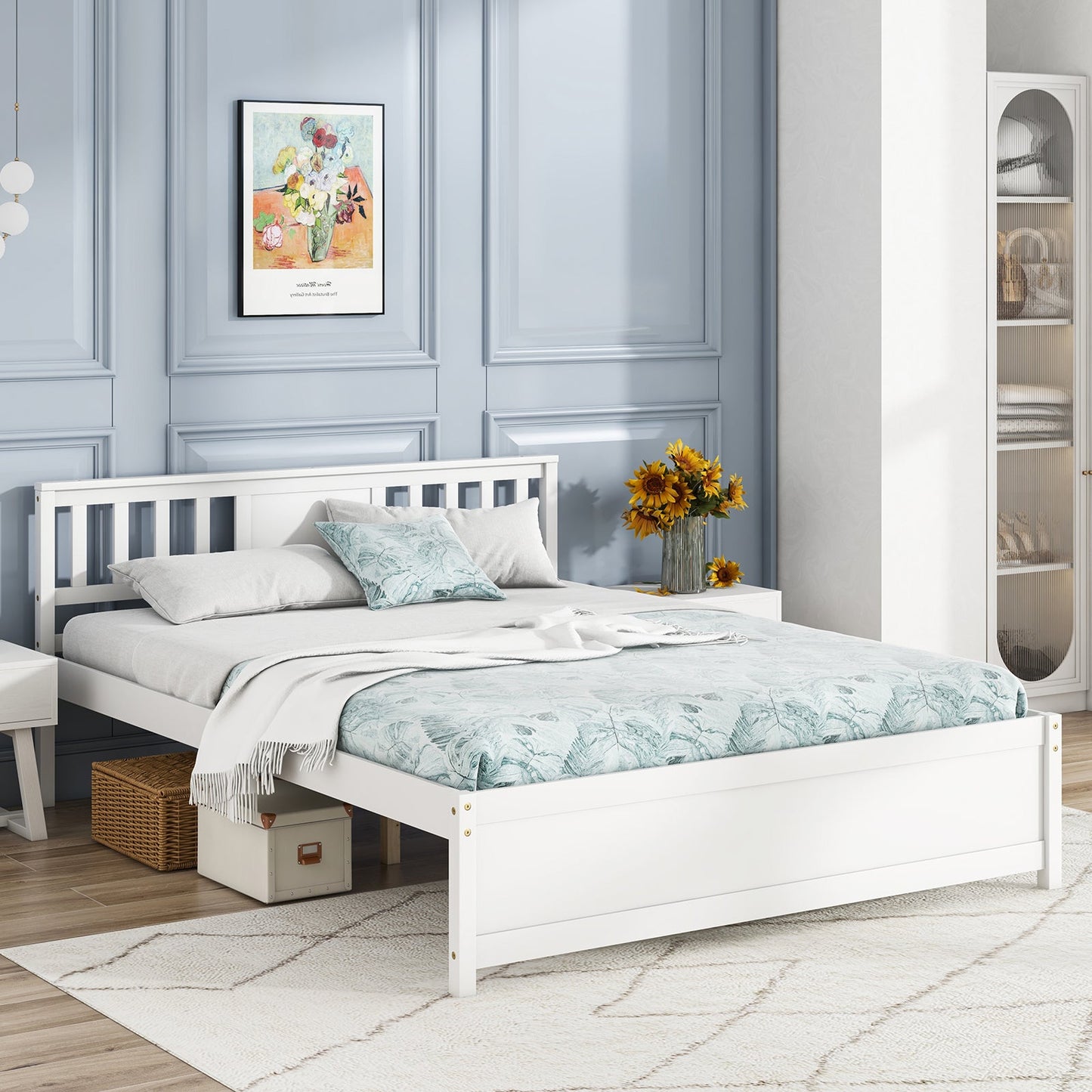 Cama de plataforma de madera con cabecero y soporte de listones de madera blanco - Tamaño Queen
