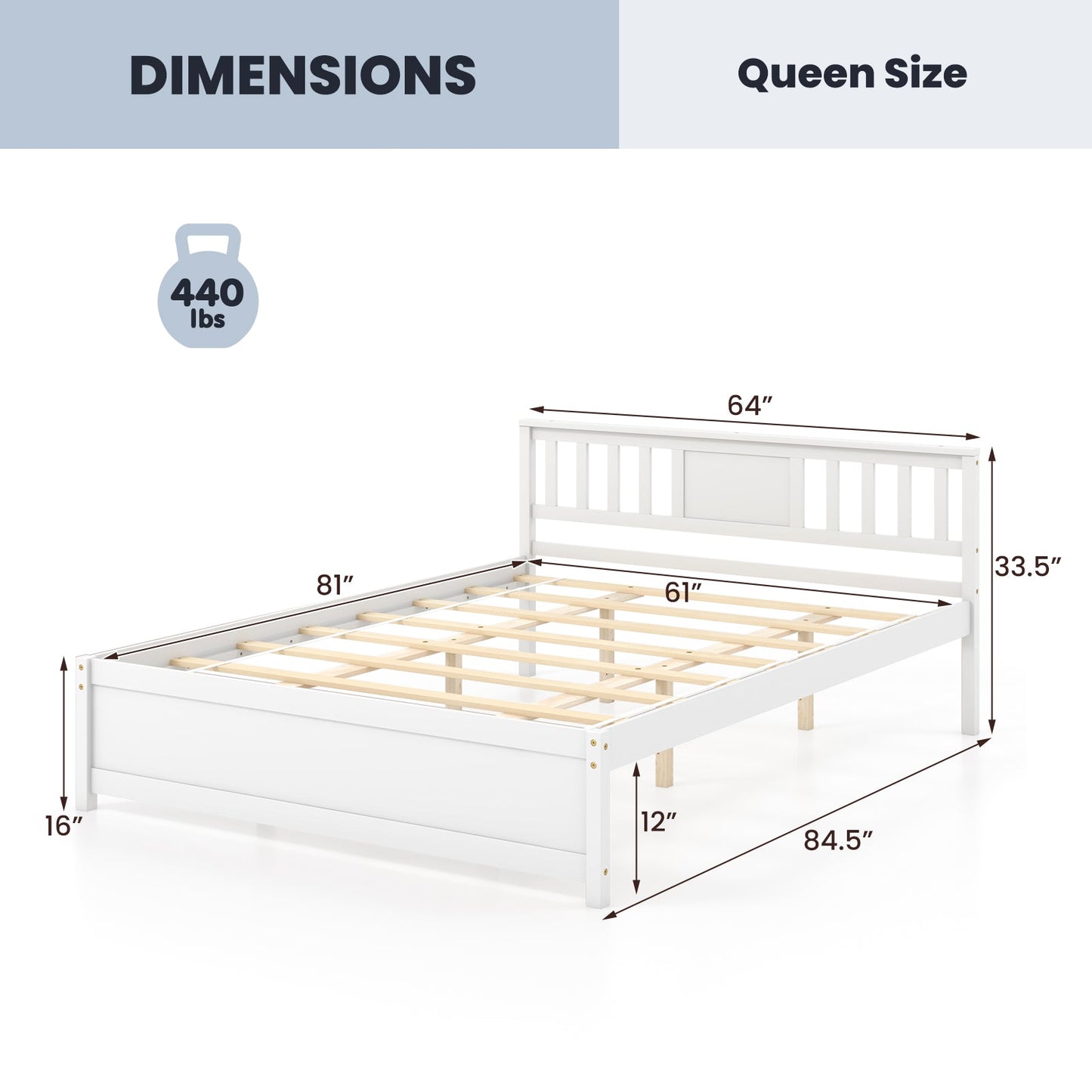 Cama de plataforma de madera con cabecero y soporte de listones de madera blanco - Tamaño Queen