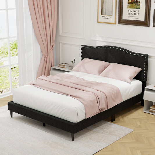 Queen Size Upholstered Bed Frame with Nailhead Trim Headboard-Queen Size - Tampa Home & Garden Store