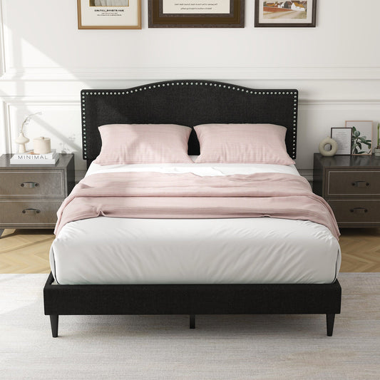 Queen Size Upholstered Bed Frame with Nailhead Trim Headboard-Queen Size - Tampa Home & Garden Store
