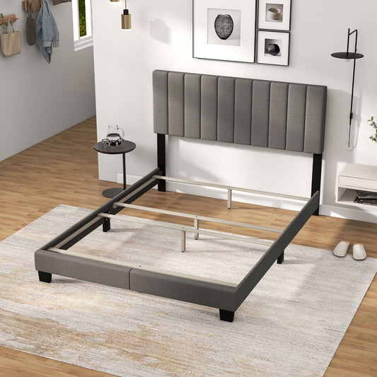 Queen Size Upholstered Bed Frame with Vertical Channel Tufted Headboard Gray - Tampa Home & Garden Store