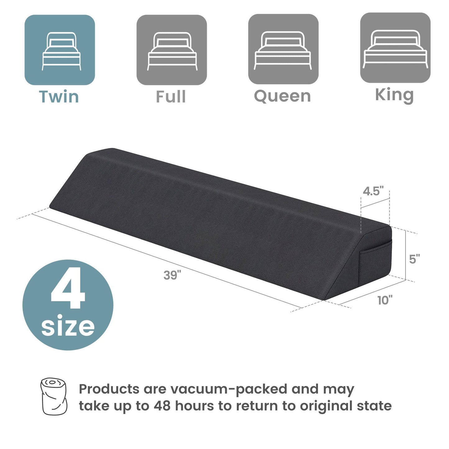 Almohada de cuña para cama con bolsa de almacenamiento - Tamaño completo