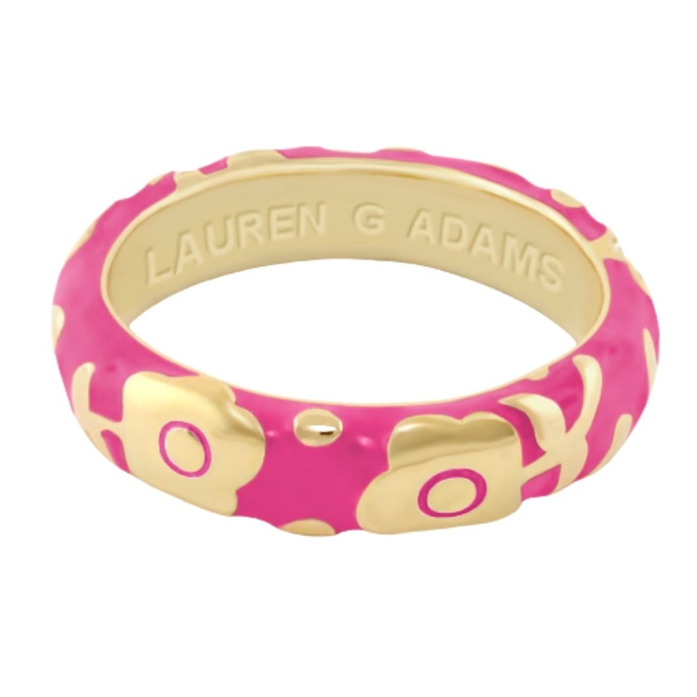 Flowers by Orly Stackable Ring in pink enamel with gold flowers, Lauren G Adams engraving on Tampa Home & Garden Store