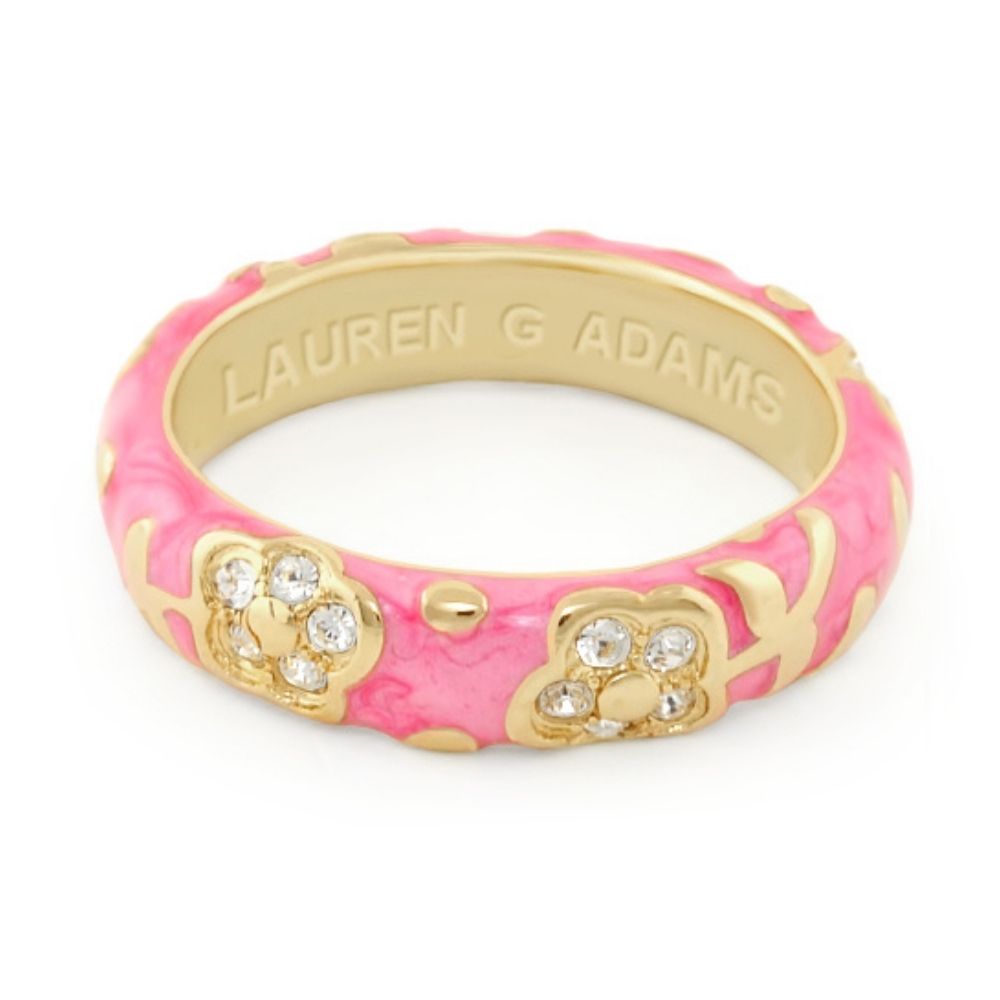 Flowers By Orly Stackable Ring pink enamel with gold floral clusters and crystals on Tampa Home & Garden Store